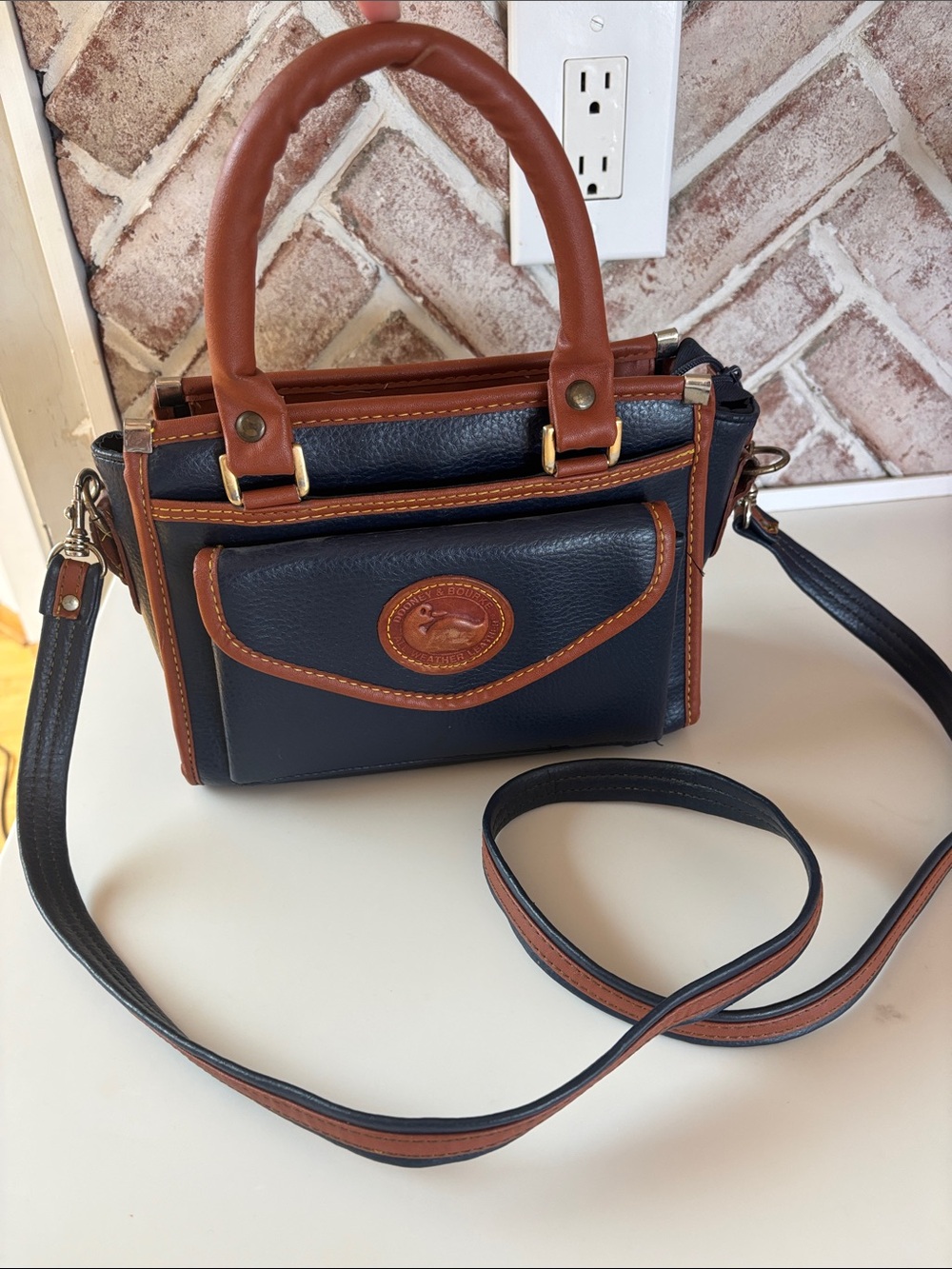 Vintage Dooney & Bourke Navy and Brown Leather Crossbody Satchel